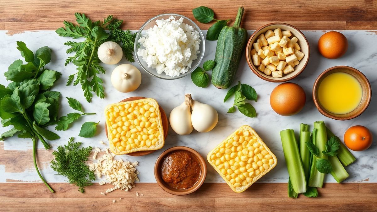 Visão de cima com leite, fubá, farinha, ovos, manteiga, açúcar, sal e fermento organizados em uma bancada