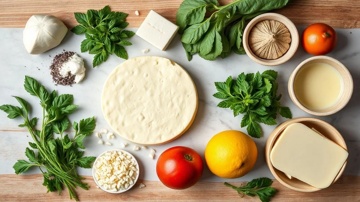 Visão de cima com os ingredientes do pão de queijo vegano organizados em uma bancada.