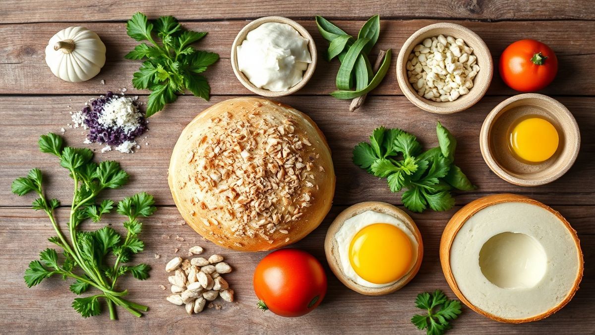 Vista de cima dos ingredientes organizados em superfície limpa