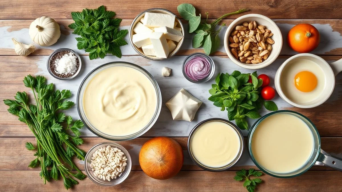 Visão de cima com ingredientes da receita: leite condensado, leite, ovos, açúcar, essência de baunilha, organizados em bancada.