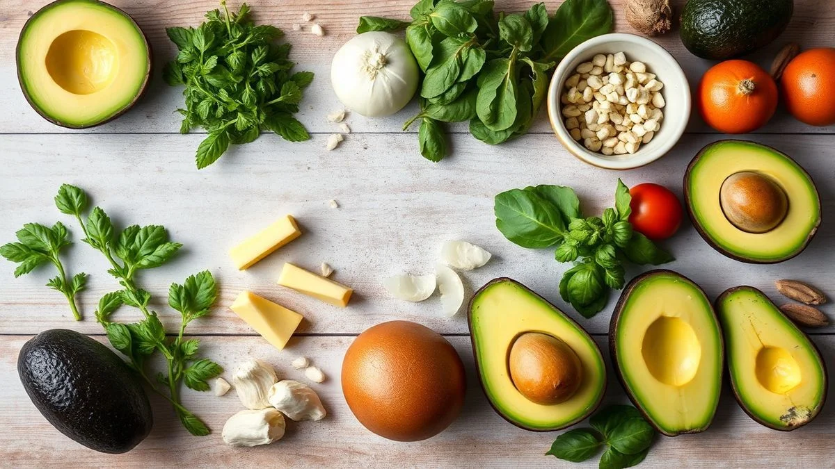 Visão de cima com os ingredientes frescos organizados em uma bancada, prontos para o preparo.