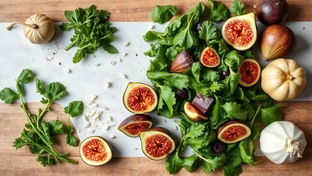 Visão de cima com os ingredientes da salada organizados em uma bancada, incluindo figos e rúcula.