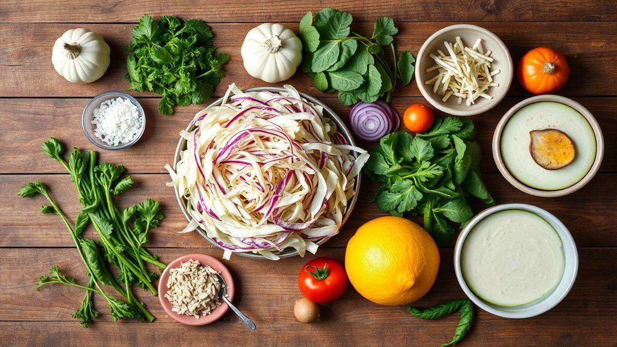 Visão de cima dos ingredientes da salada de repolho organizados em uma bancada de madeira.