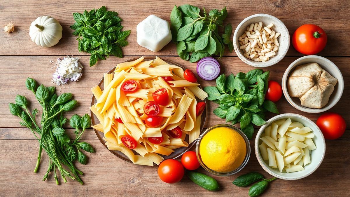 Visão de cima dos ingredientes: macarrão parafuso, frango desfiado, tomate cereja, cenoura, cebola roxa, azeitonas, limão e azeite.