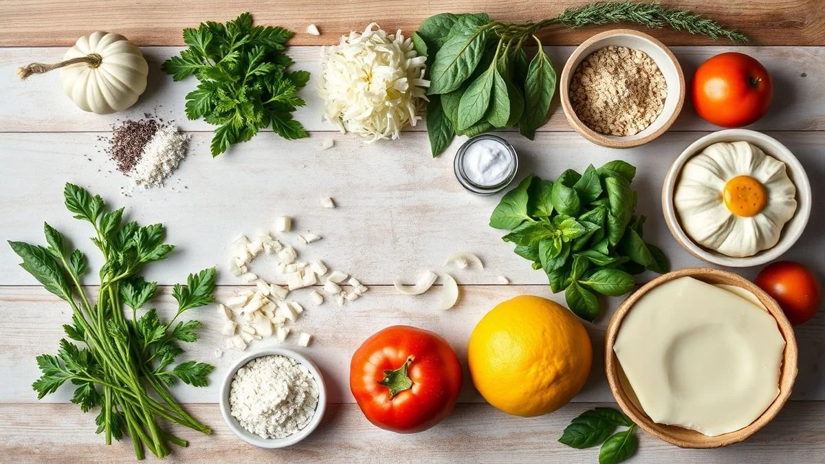 Visão de cima com os ingredientes da torta alemã organizados em uma bancada.