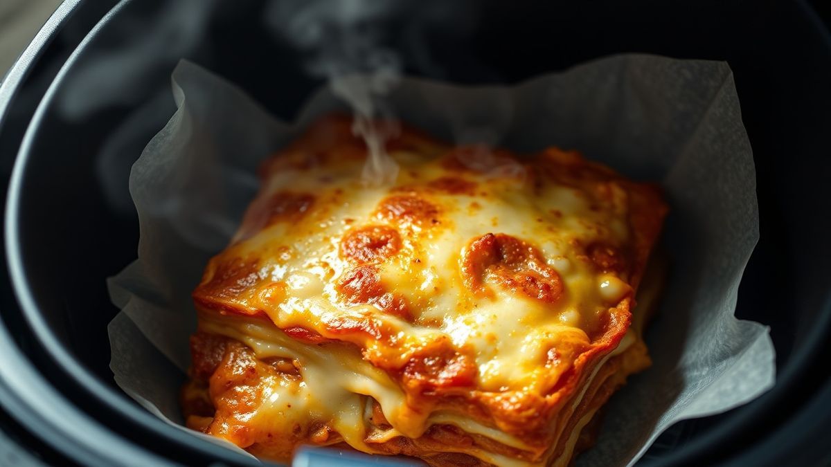 Lasanha industrializada perfeitamente dourada e suculenta saindo da fritadeira