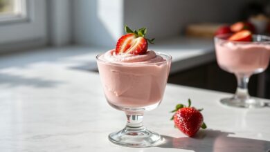 Taça elegante com mousse rosa aveludado decorado com morangos
