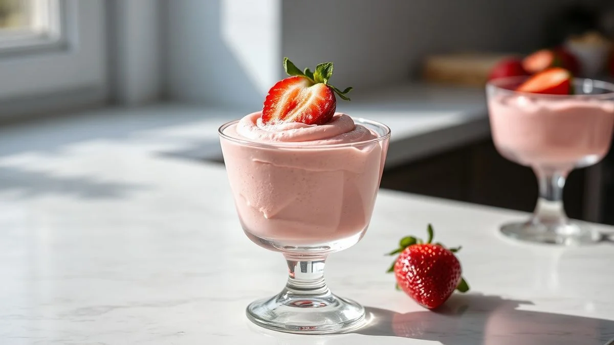 Taça elegante com mousse rosa aveludado decorado com morangos