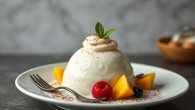 Mousse aerada de cereja, com textura leve e cor vibrante, servida em taças decoradas com raspas de limão.