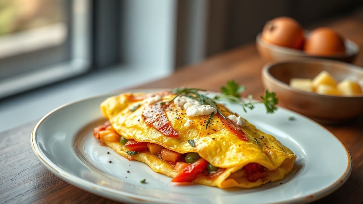 Omelete dourada por fora, macia por dentro, com queijo derretido, tomate e cebola visíveis no recheio