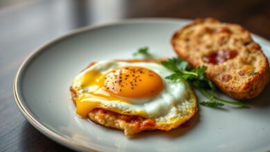 Ovo frito com clara bem dourada e gema cremosa, servido em um prato rústico.