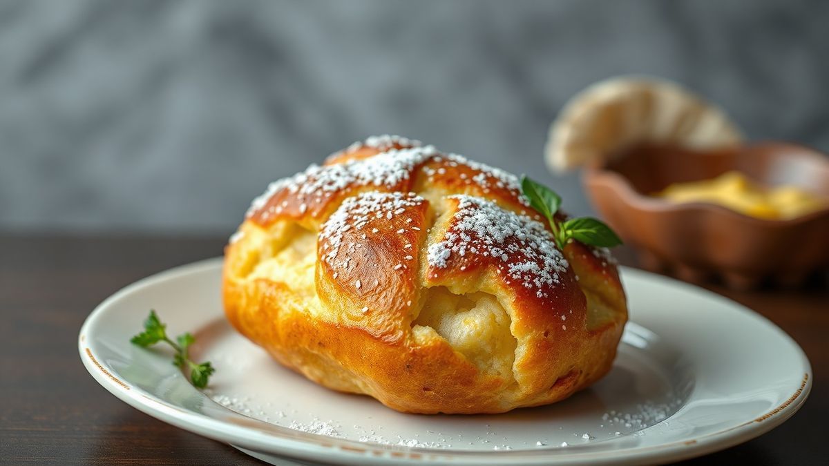 Pães cuca dourados, fofinhos e bem crescidos, com farofa crocante por cima, aparência de padaria artesanal