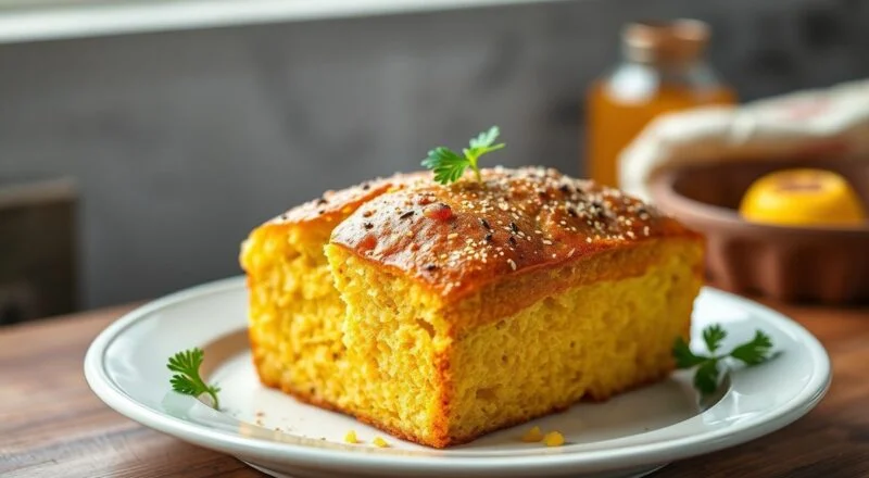 Pão de milho dourado, fatiado, com miolo bem fofinho e úmido, servido em tábua rústica com café fresco ao lado