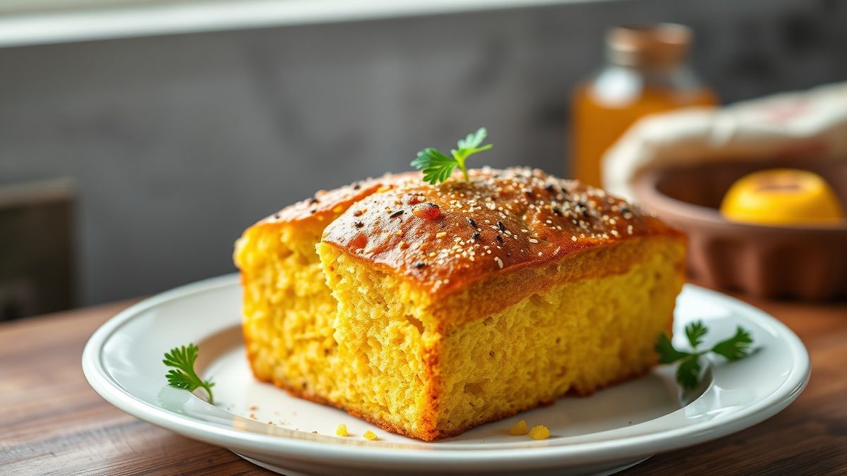 Pão de milho caseiro macio fatiado, com crosta dourada e miolo fofo, servido em tábua ao lado de café