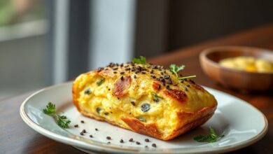 Pão de queijo vegano crocante, com uma textura macia por dentro, apresentado em um prato rústico.