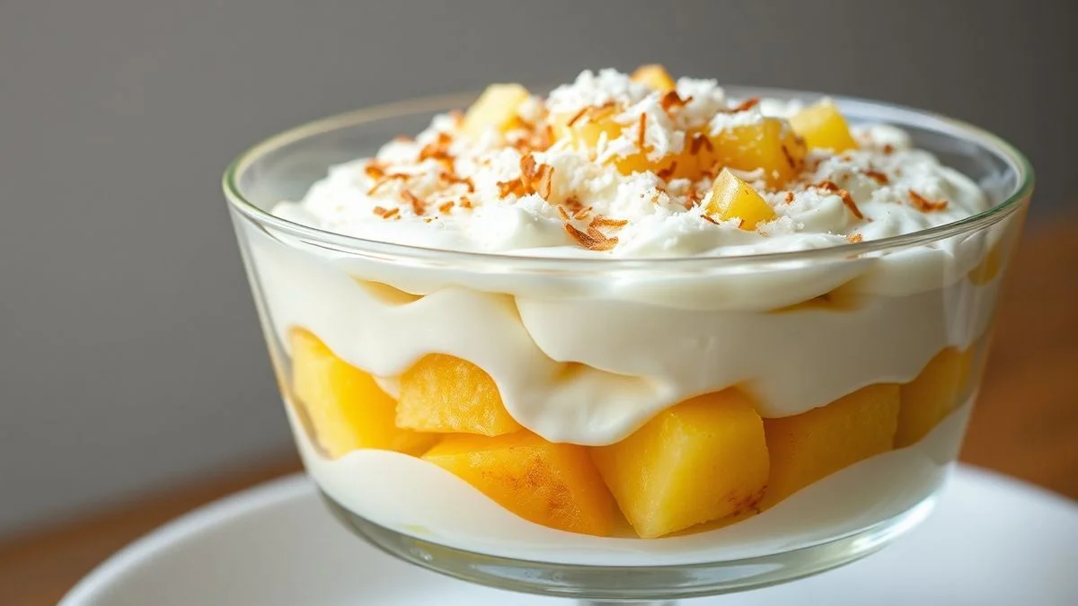 Travessa de vidro mostrando as camadas perfeitas de creme, biscoito e abacaxi