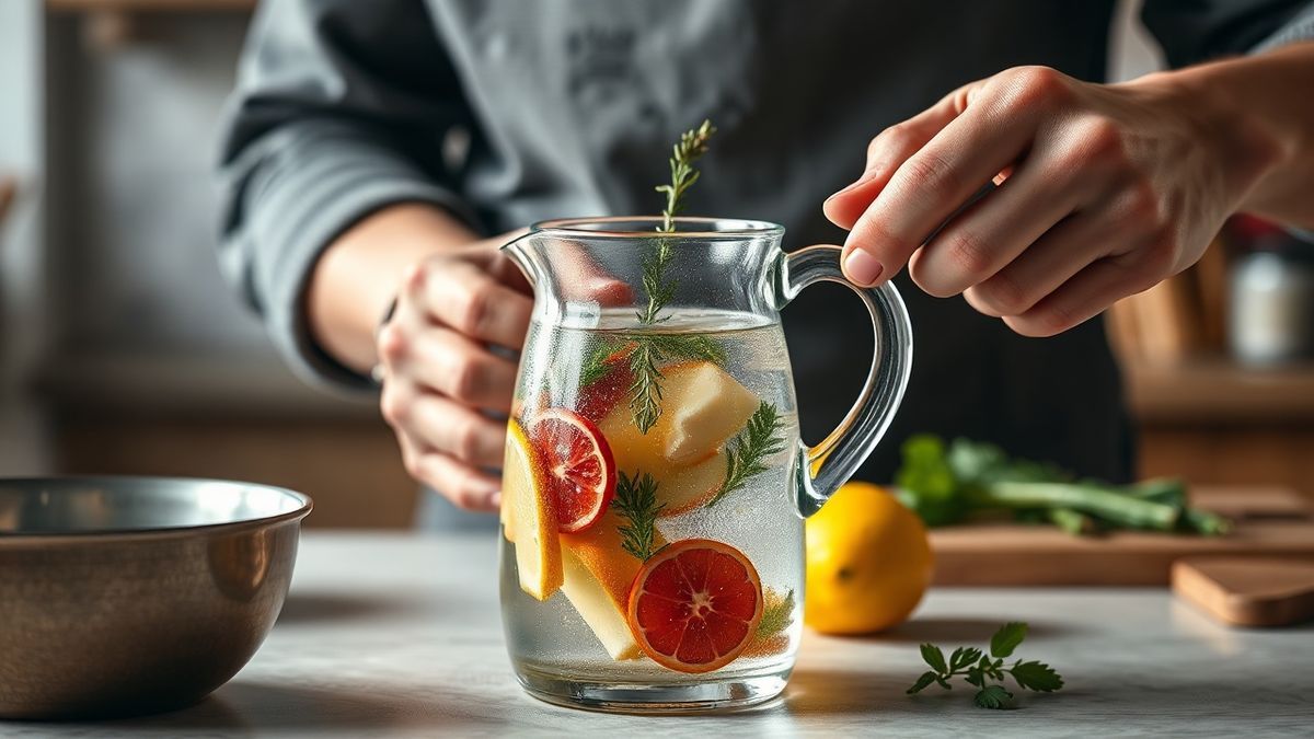 Mãos adicionando os ingredientes na jarra de vidro durante o preparo da água aromatizada.