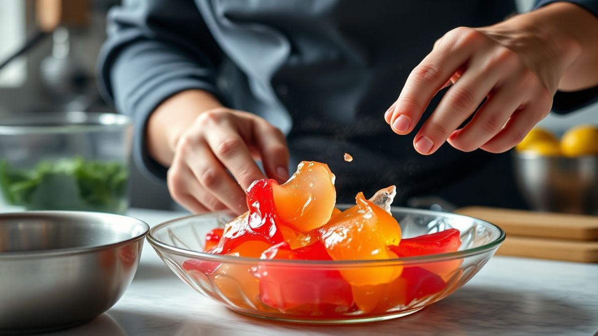 Mãos em ação durante um passo crucial do preparo da gelatina colorida enformada.