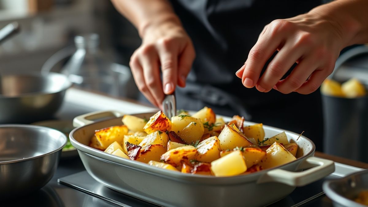 Mãos em ação durante um passo crucial do modo de preparo da batata gratinada, misturando os ingredientes.