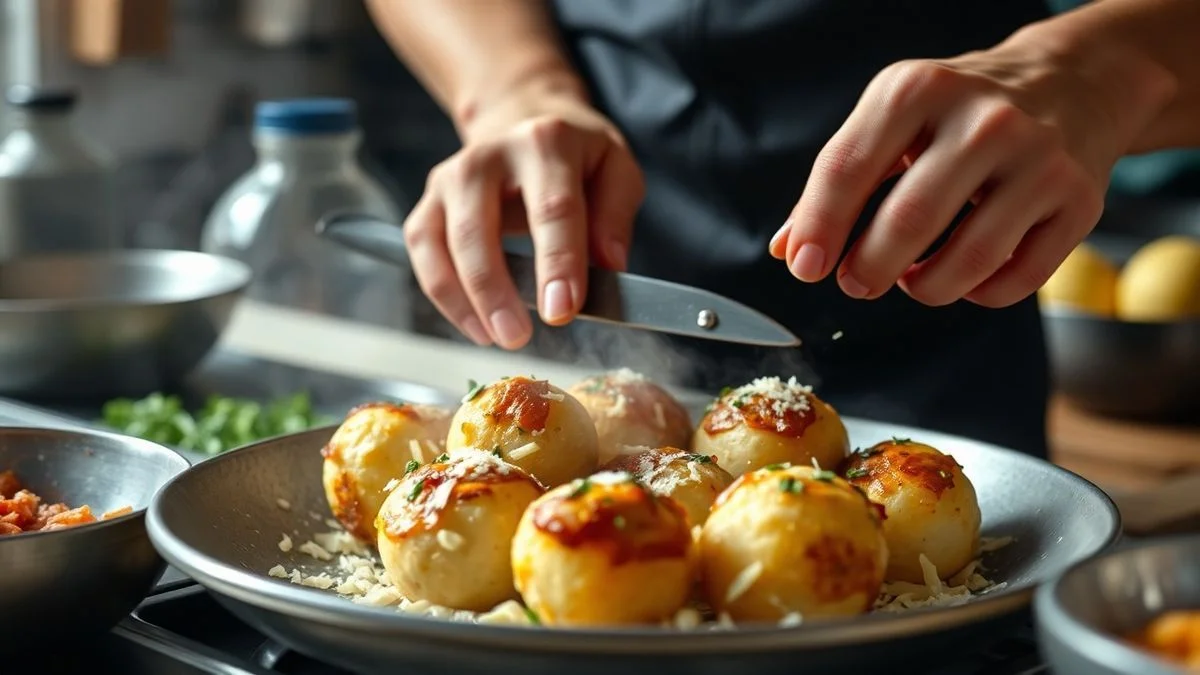Mãos em ação modelando os bolinhos de batata recheada, destacando o processo de vedação.