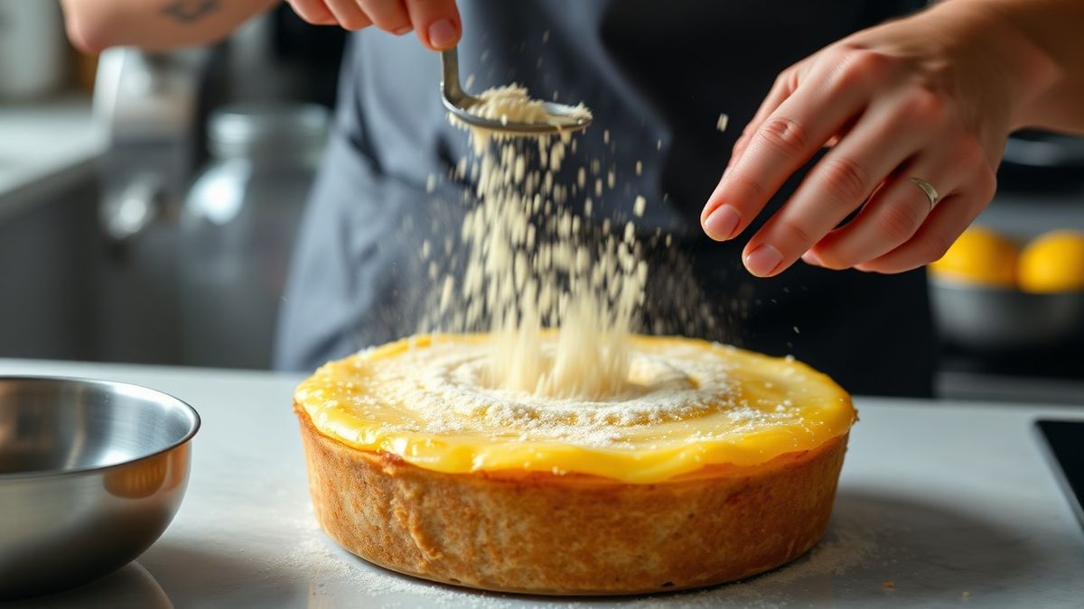 Mãos em ação durante a incorporação dos ingredientes para o bolo.
