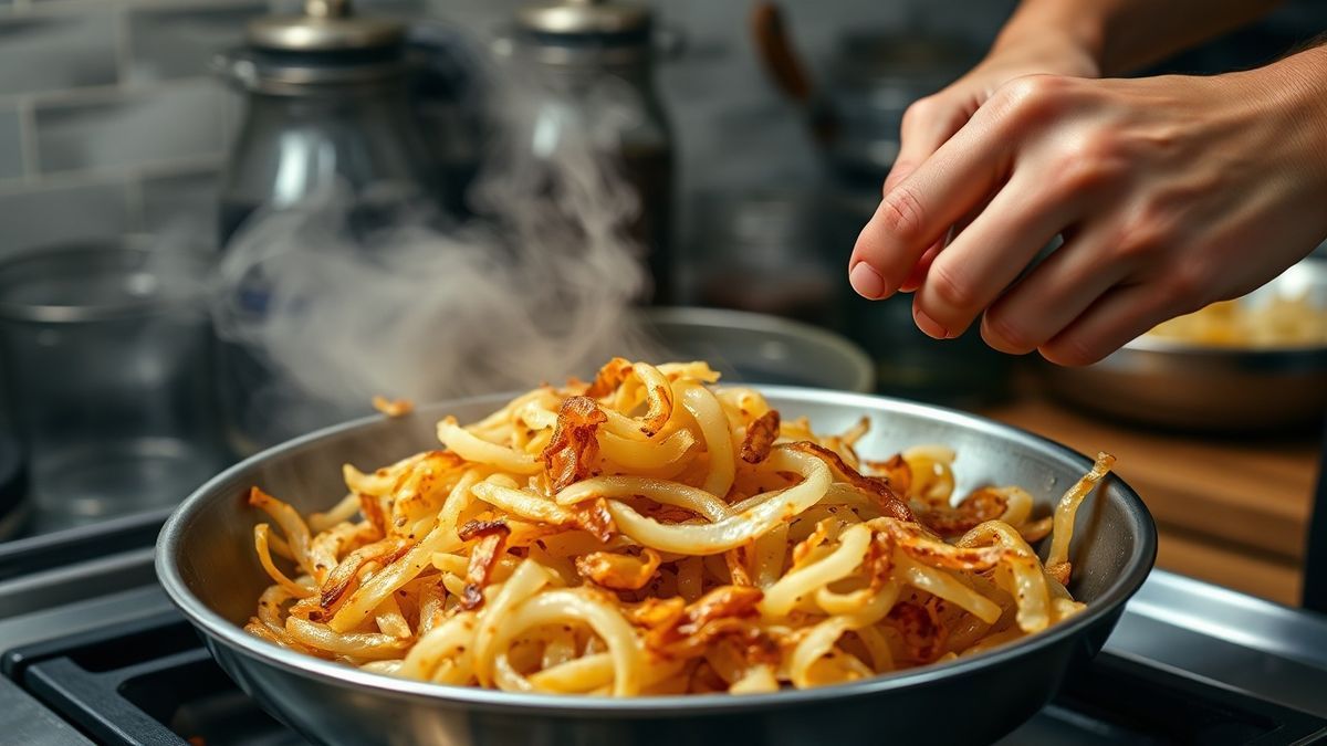 Mãos em ação untando os anéis de cebola na massa antes da fritura.