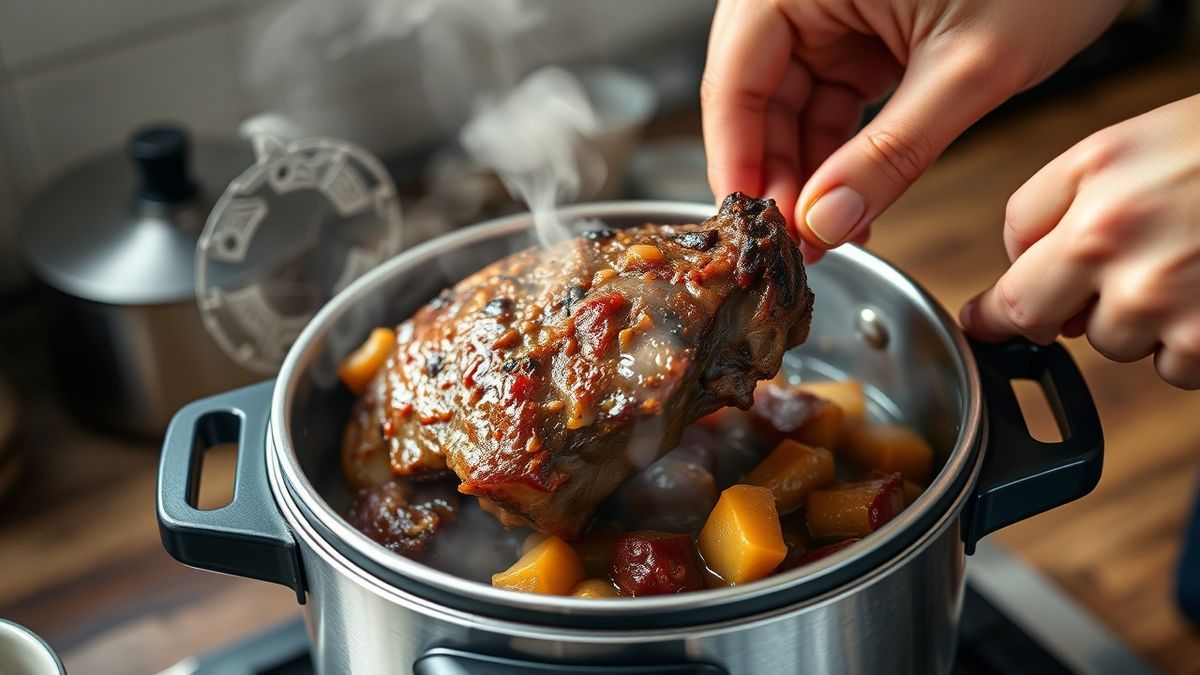Mãos selando o cupim na panela de pressão aberta, formando crosta dourada antes de entrar o líquido