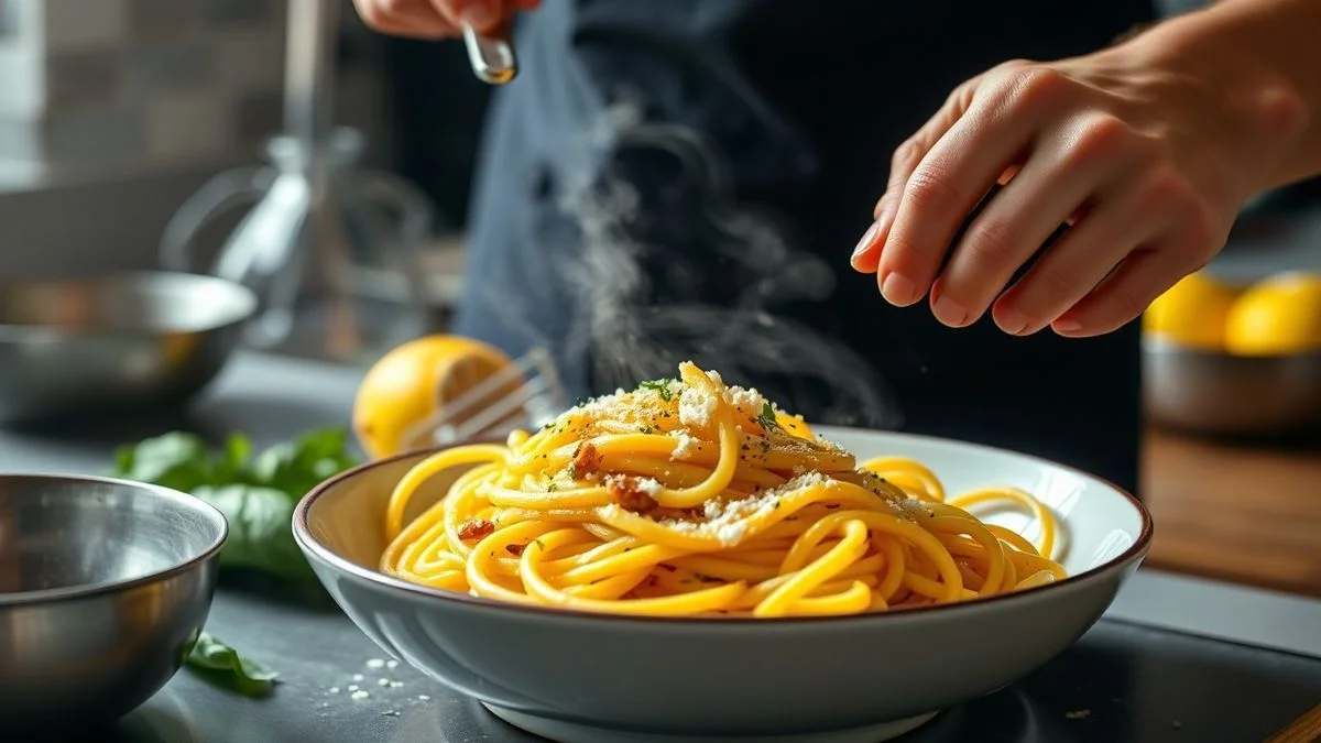 Mãos em ação durante um passo crucial do modo de preparo da receita, misturando a massa com o molho.