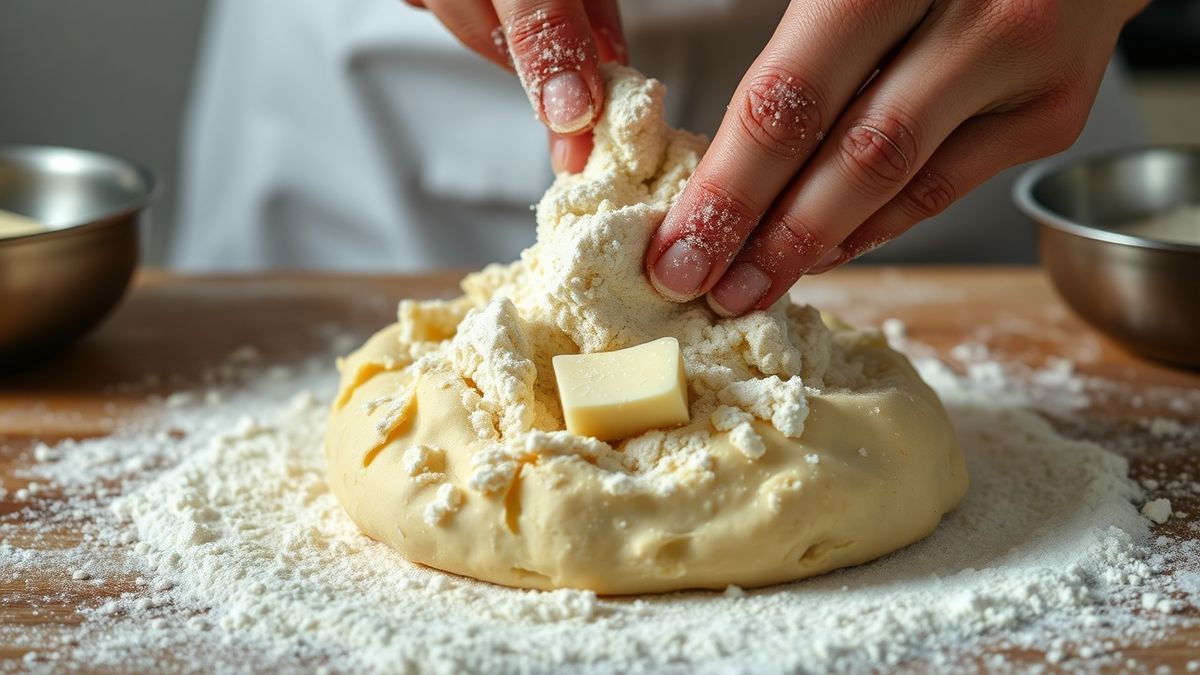 Mãos “beliscando” a manteiga gelada na farinha até formar farofa úmida, sem sovar.