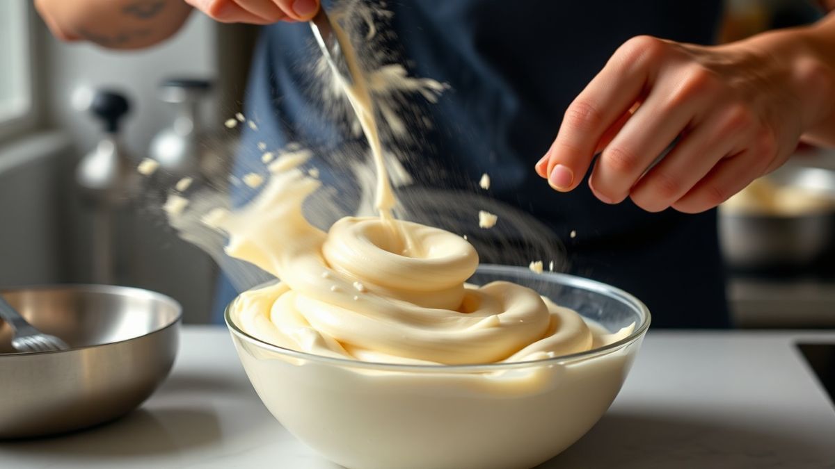 Mãos em ação adicionando creme de leite à gelatina dissolvida durante o preparo da mousse.