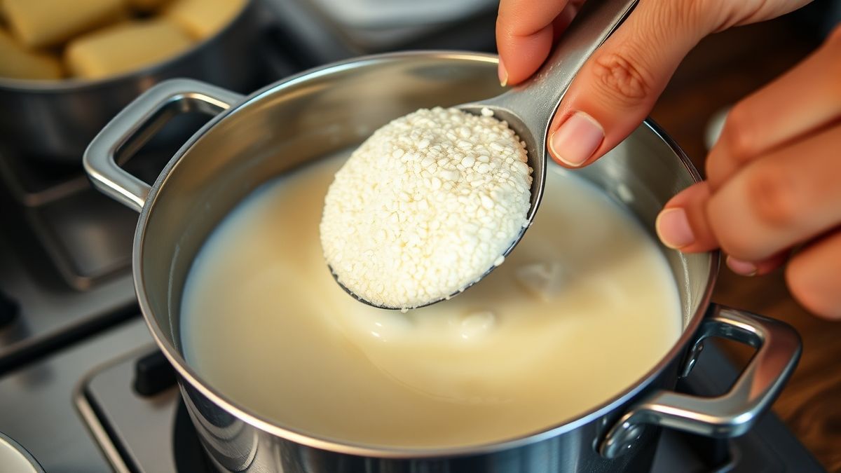Mãos misturando o fubá no leite morno na panela (o “fubá escaldado”), mostrando a textura tipo mingau ralo