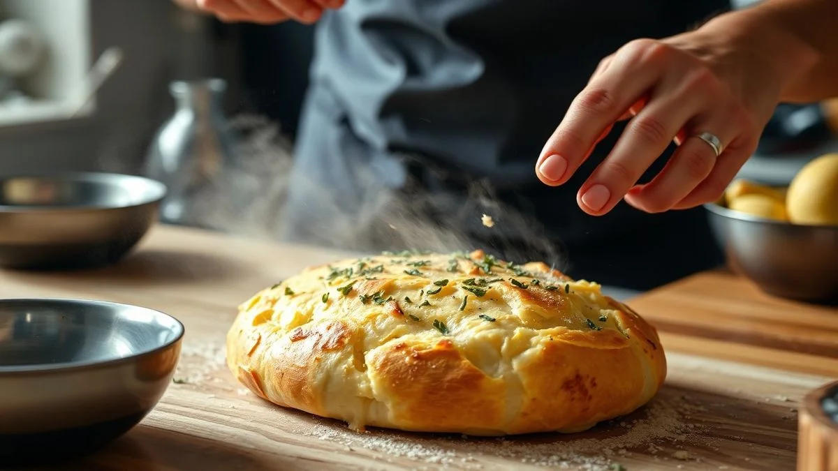 Mãos em ação durante a mistura dos ingredientes para o pão de queijo vegano.