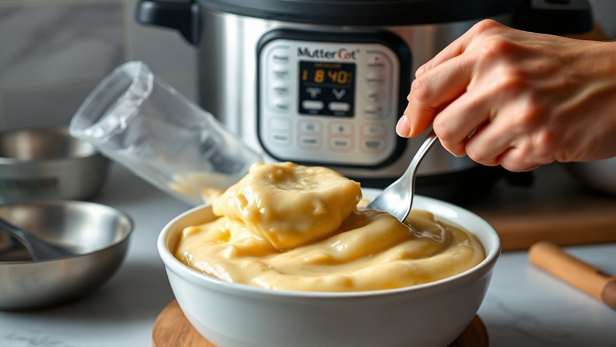 Mãos despejando a massa na forma caramelizada, close-up da ação.