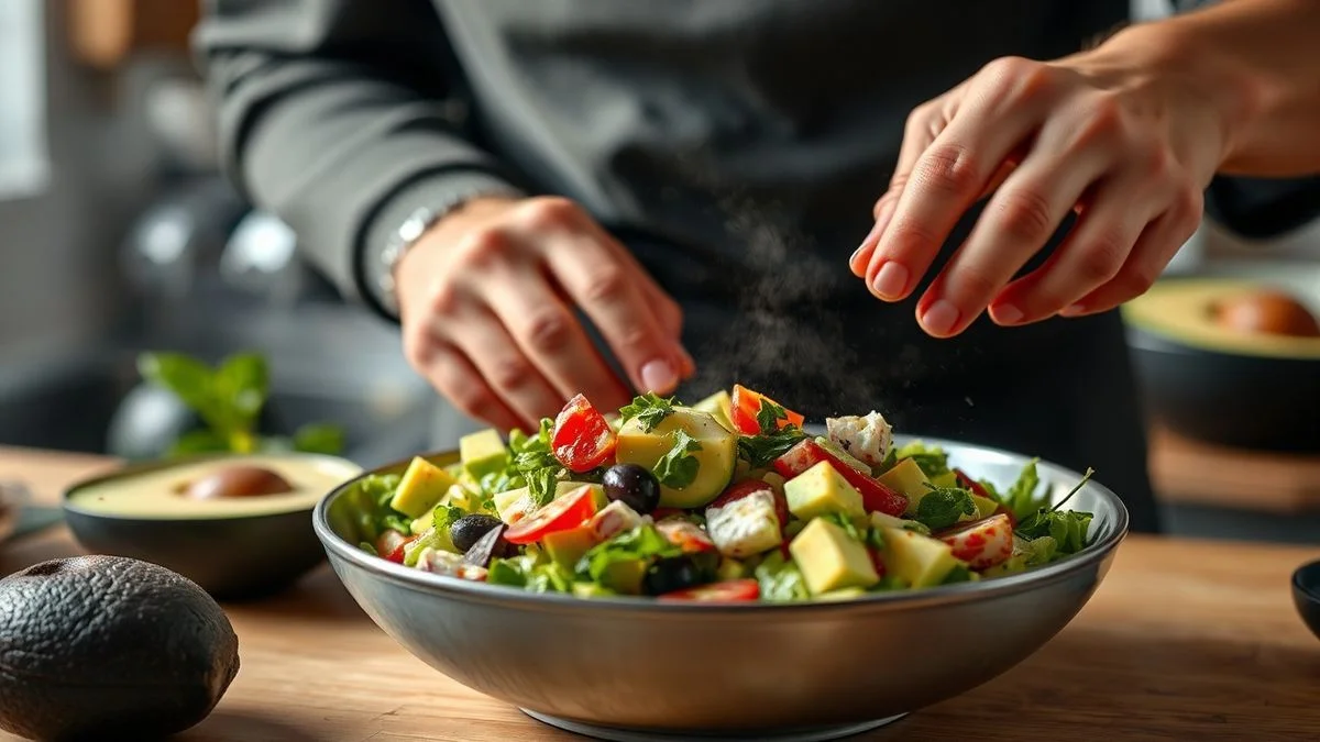 Mãos em ação picando os ingredientes durante o preparo da salada.