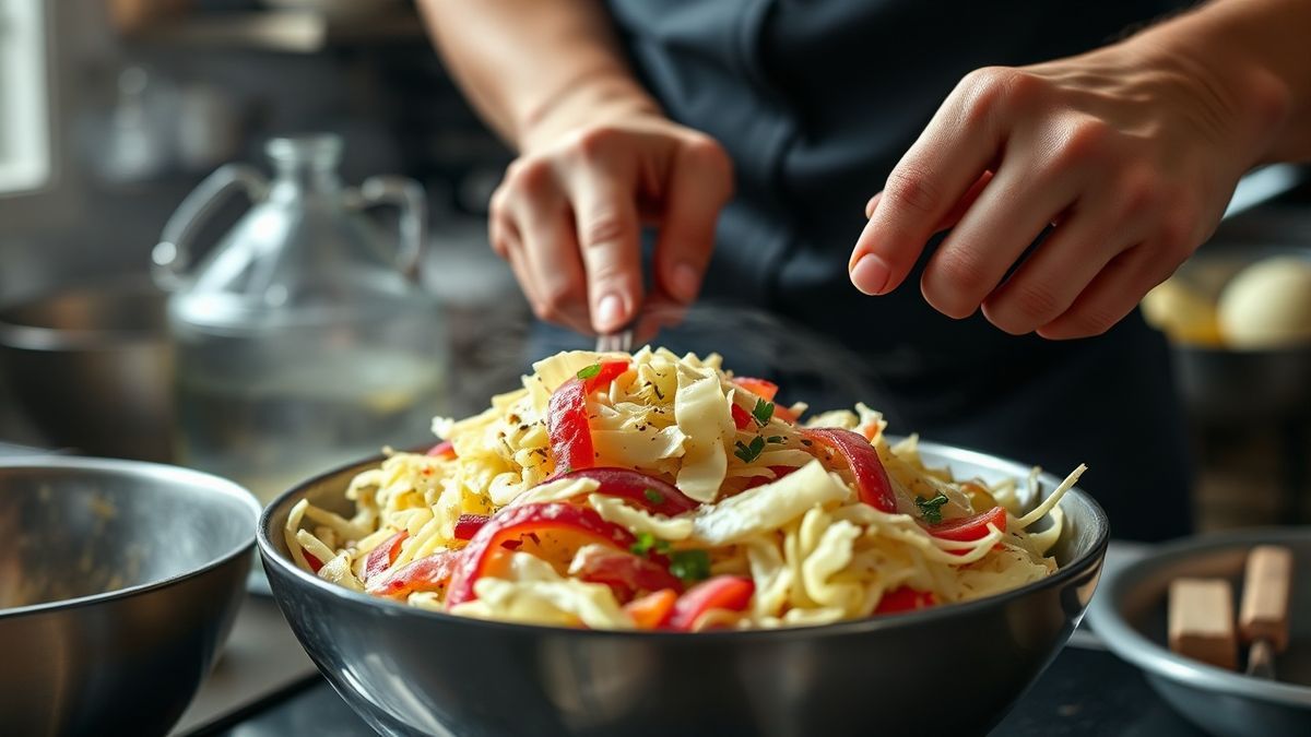 Mãos cortando o repolho e misturando os temperos em uma tigela durante o preparo da salada.