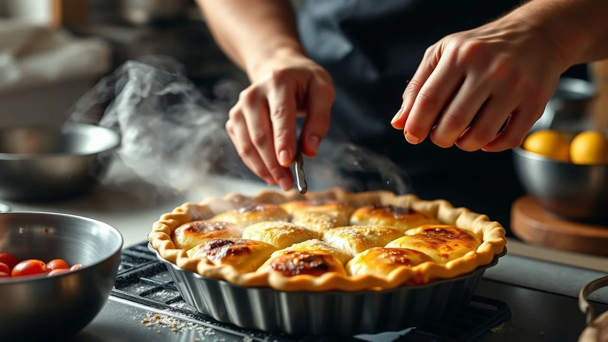 Mãos em ação durante um passo crucial do modo de preparo da torta alemã.