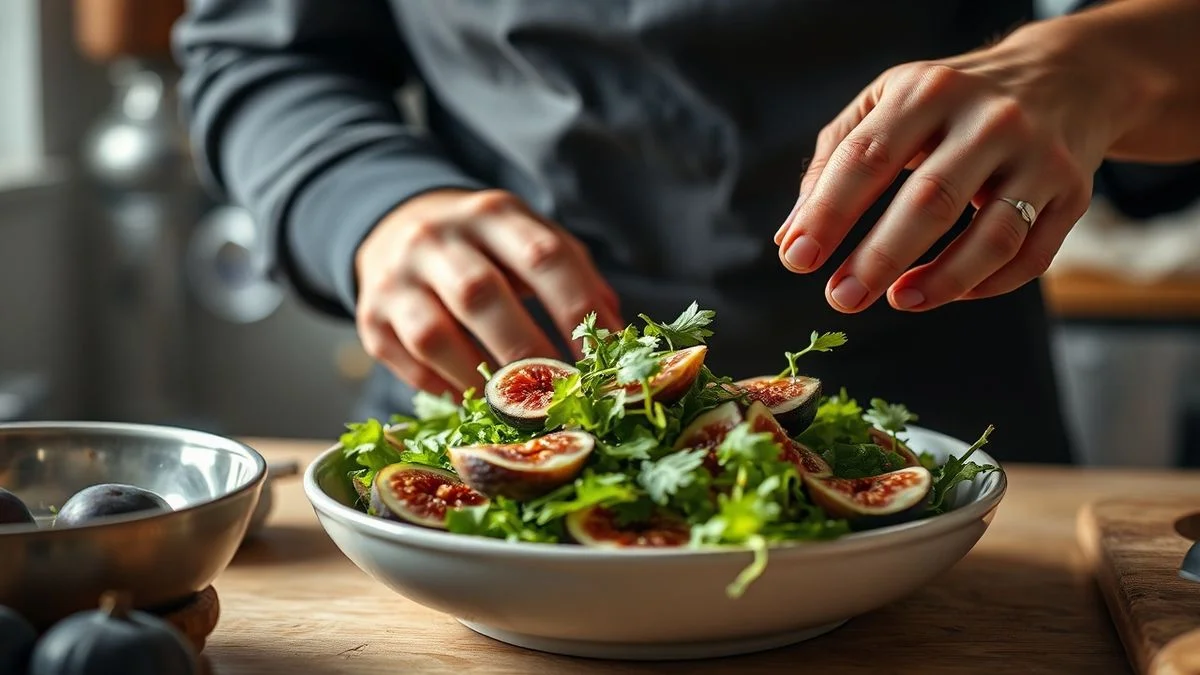Mãos em ação durante o preparo da salada, cortando os figos com cuidado.