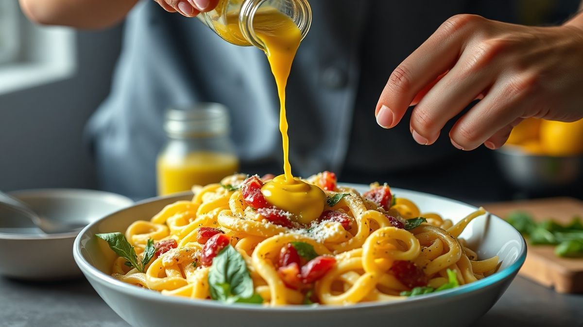 Mãos adicionando molho de mostarda e limão sobre a salada de macarrão já misturada.