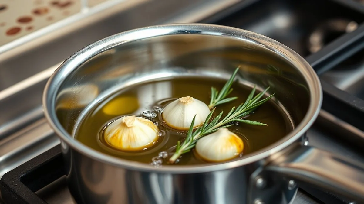 Azeite aquecendo em fogo baixo com alho e ervas liberando bolhas