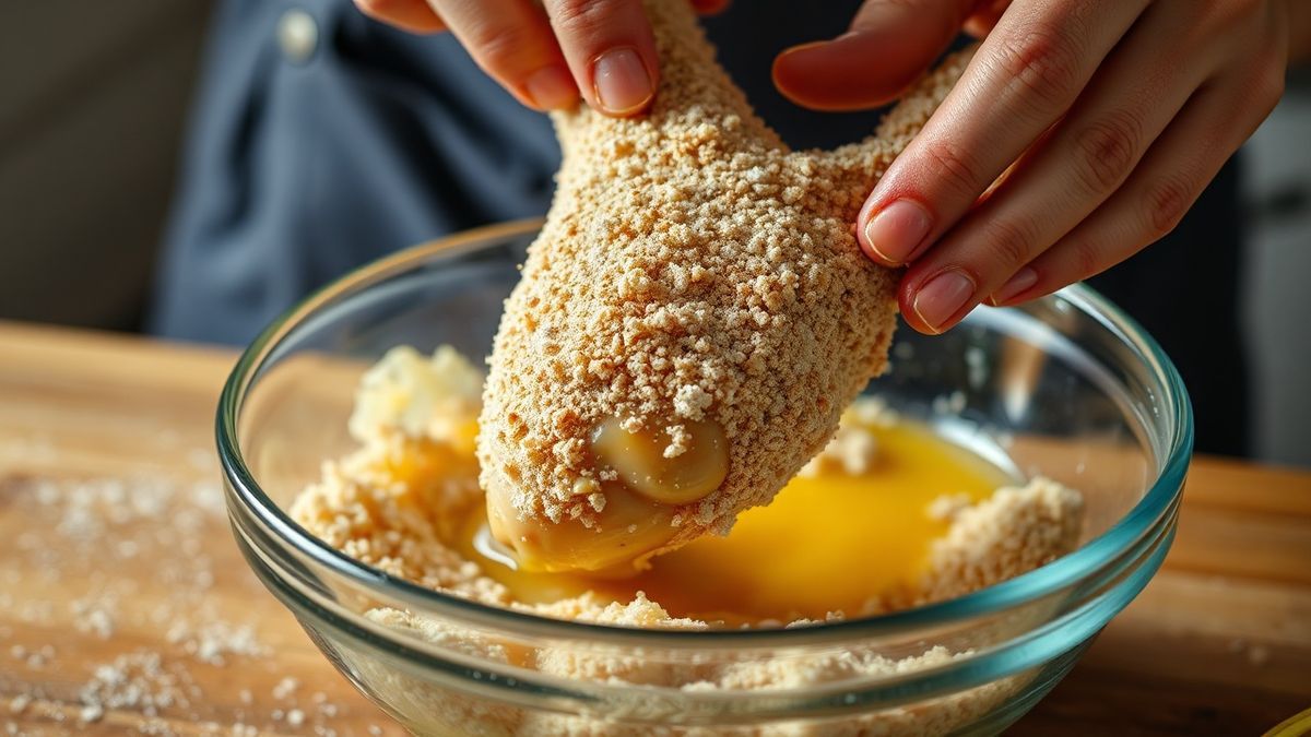 O processo de passar o frango na farinha e nos ovos