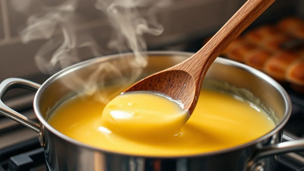 O momento de misturar o creme aveludado na panela