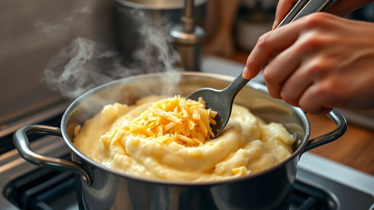 Momento de misturar o queijo à batata amassada na panela