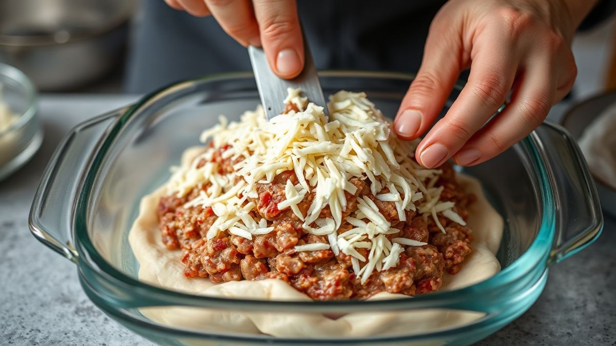 Montagem das camadas de carne e queijo na travessa