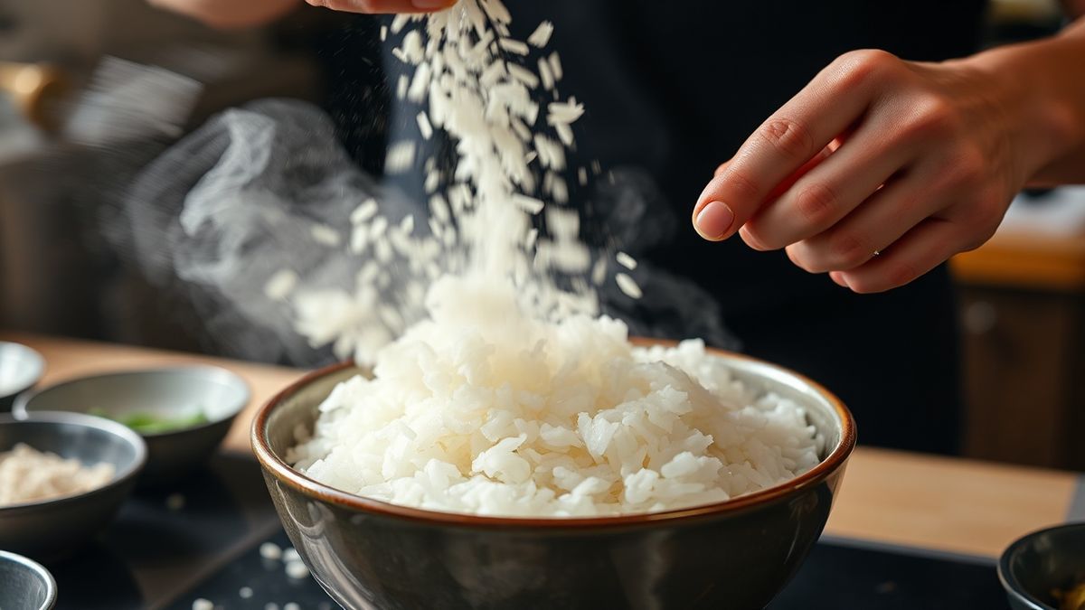 Mãos abanando o arroz enquanto adicionam o tempero de vinagre morno.