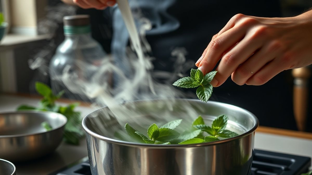 Mãos em ação enquanto as folhas de hortelã estão sendo amassadas em um bule.