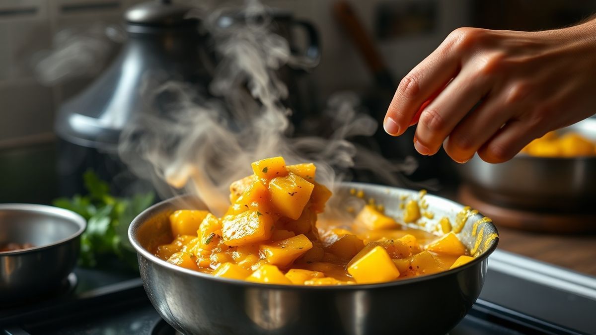 Mãos em ação durante o preparo do chutney, refogando os aromáticos.