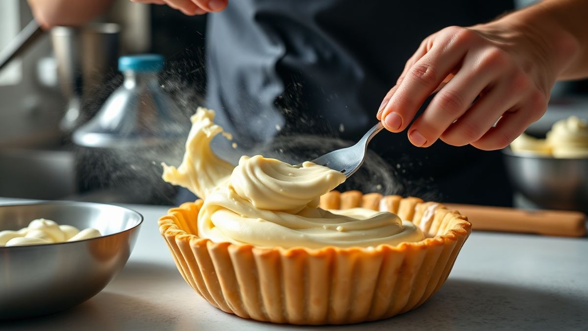 Mãos em ação durante o preparo do creme de confeiteiro, batendo as gemas com açúcar.
