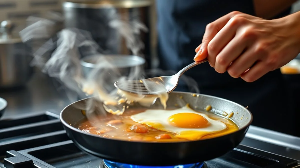 Mãos em ação quebrando um ovo em uma frigideira quente.