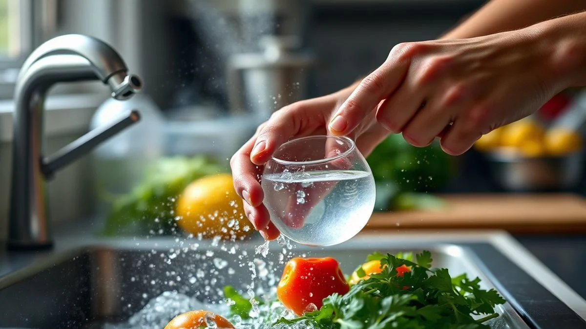 Mãos em ação mostrando o preparo da solução sanitizante para desinfetar as verduras.