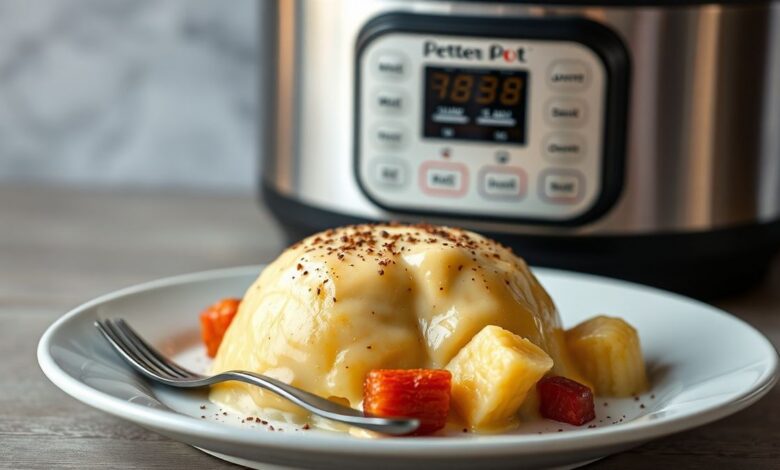 Pudim de panela de pressão cremoso, fatia perfeita com calda caramelizada, em prato decorado.